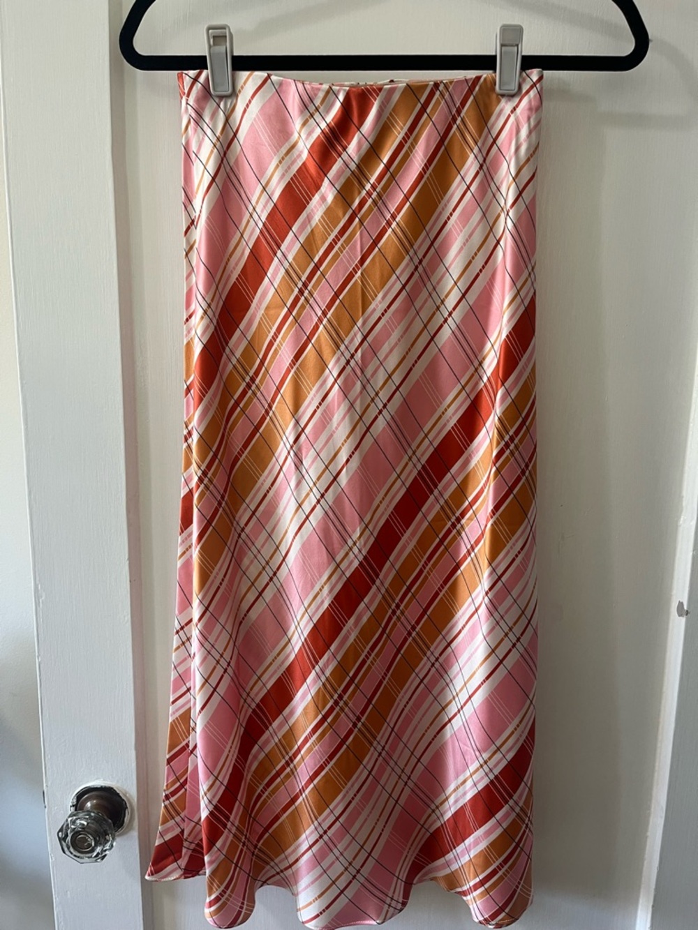 bec + bridge 100% Silk Pink and Rust Plaid Midi Bias Skirt